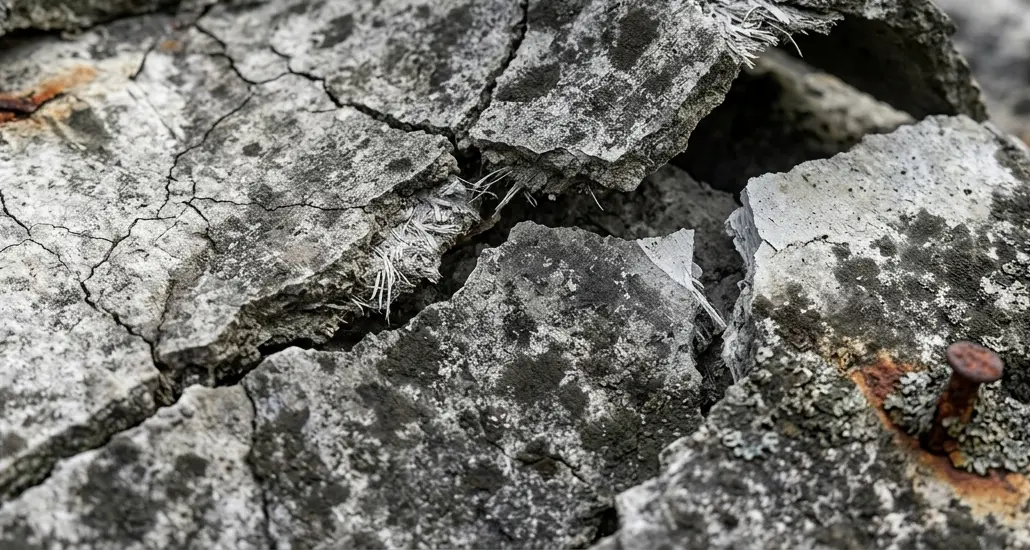 Detail popraskaného eternitu s mechem a rezavým hřebíkem