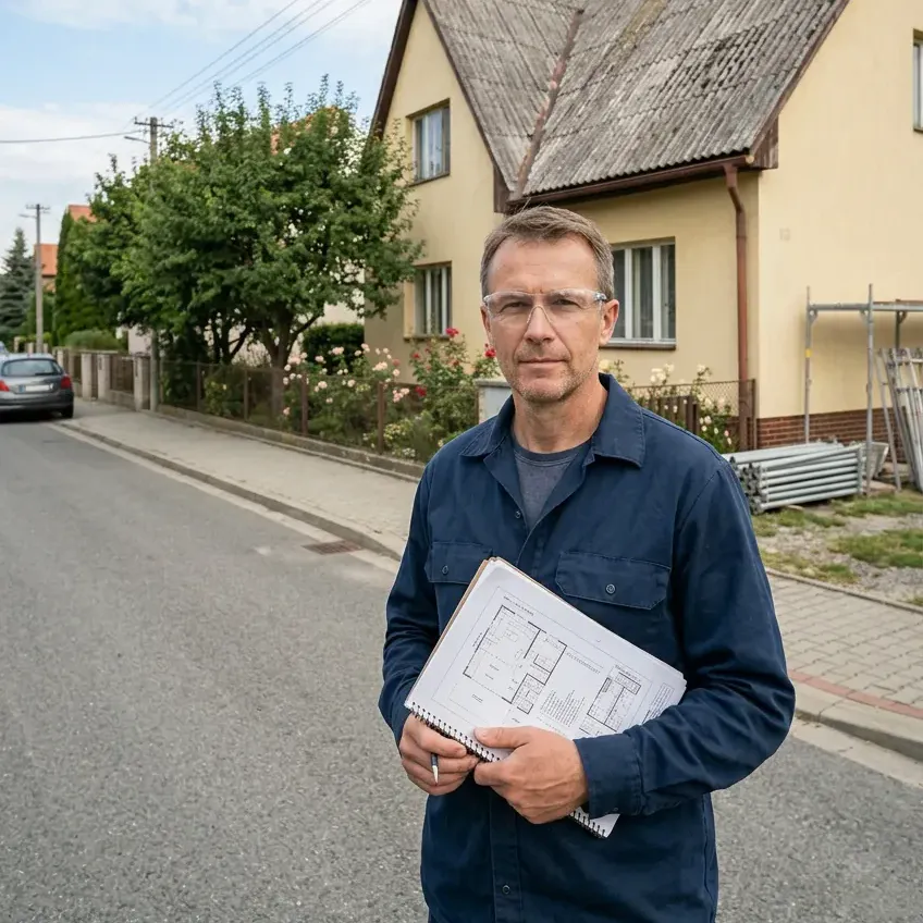Technik s dokumentací před rodinným domem s eternitovou střechou